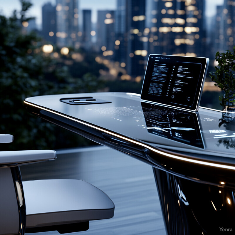 A modern desk with a built-in tablet in an urban setting.