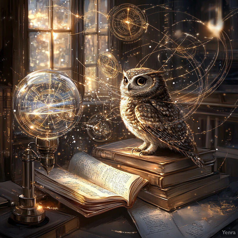 An owl perched on top of several books in a library or study room.