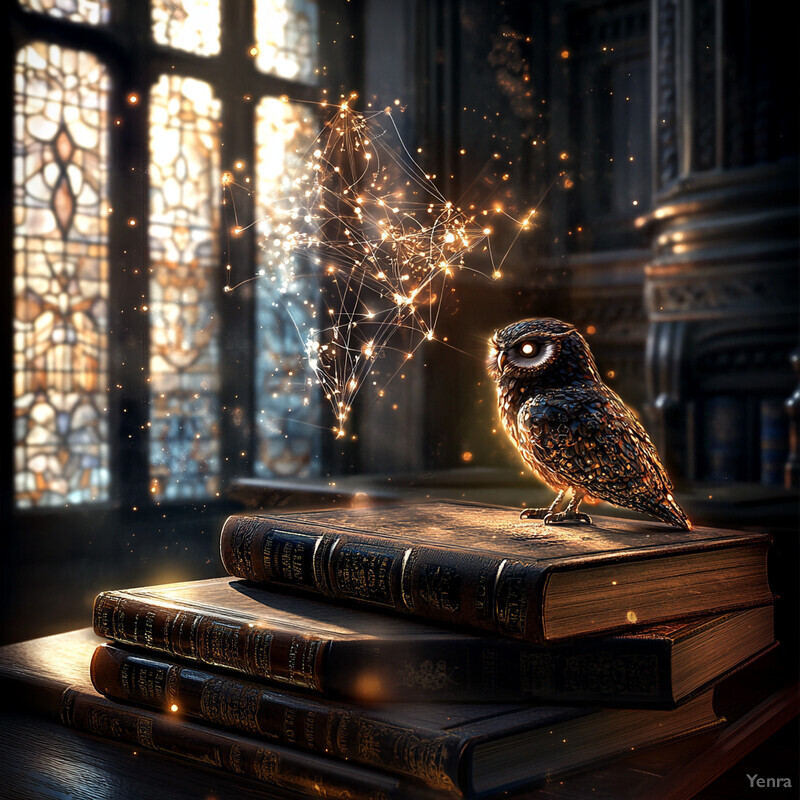 An owl figurine sits atop a stack of leather-bound books in a study room.