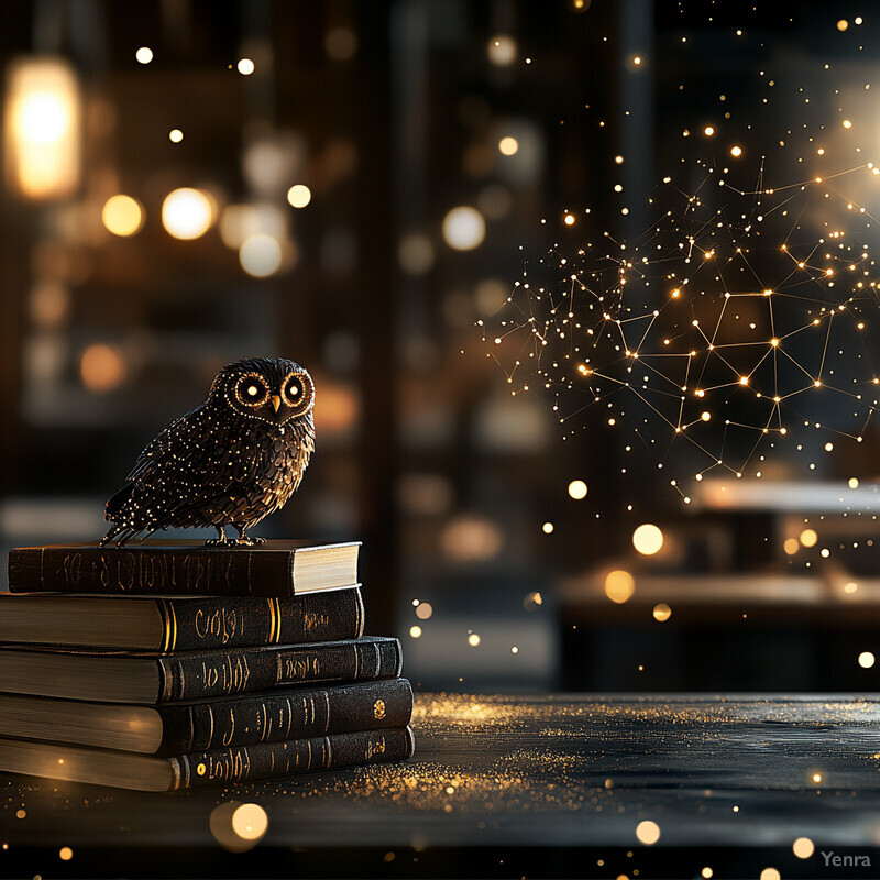 An owl perched on a stack of books in a dimly lit room, exuding an air of wisdom and magic.