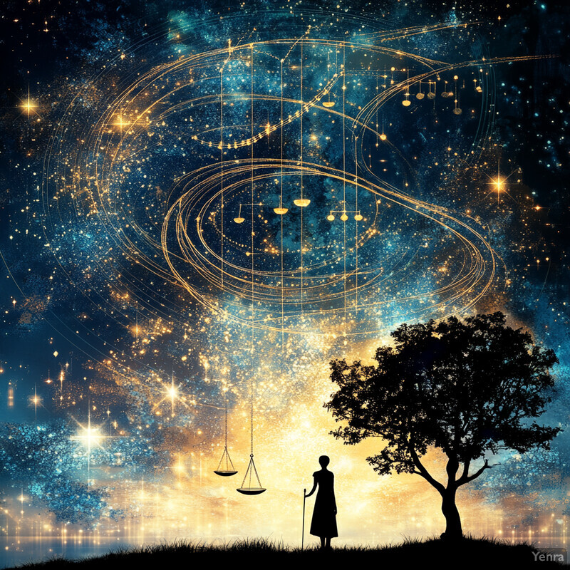 A serene and mystical scene featuring a person standing in front of a tree under a starry night sky.