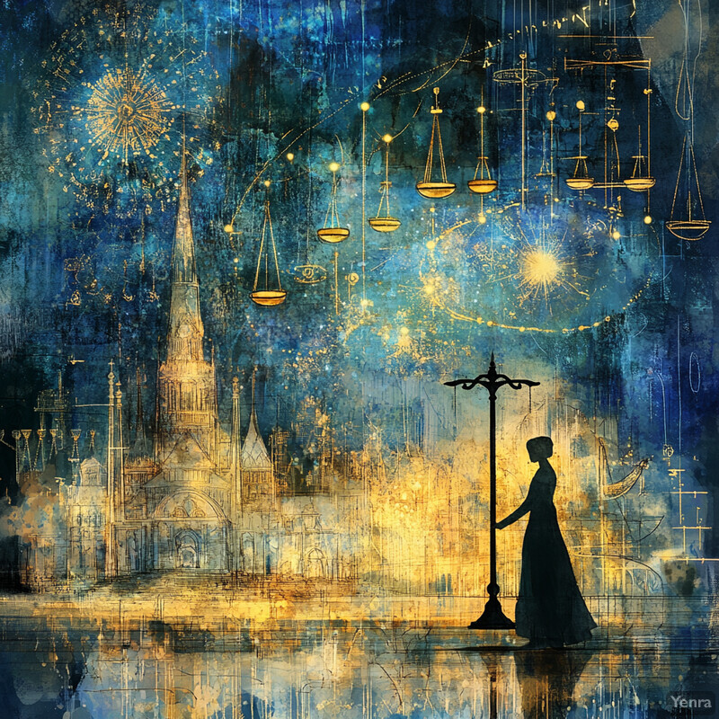 An abstract cityscape with a woman in silhouette standing on a platform surrounded by various objects and symbols, conveying a sense of celebration, growth, and possibly magic.