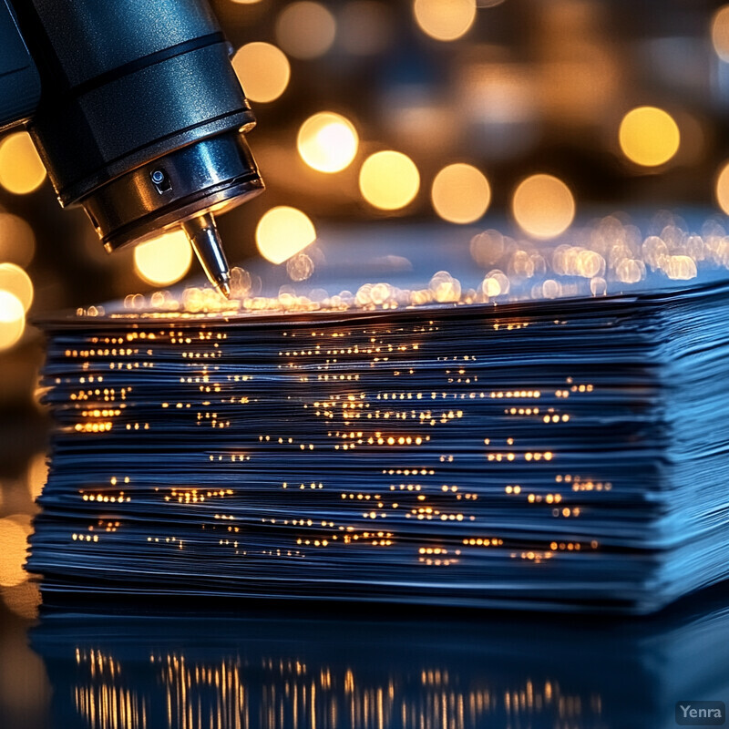 A robotic arm holds a drill bit over a stack of metal sheets in a workshop or factory setting.