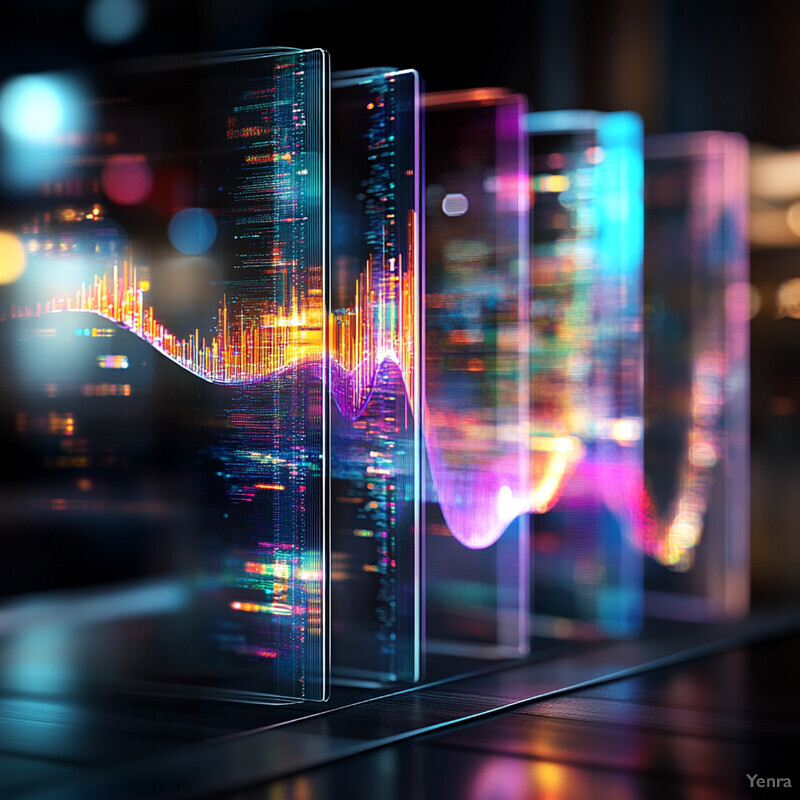 Three transparent glass panels with vibrant graphs and charts on them, arranged in a row.