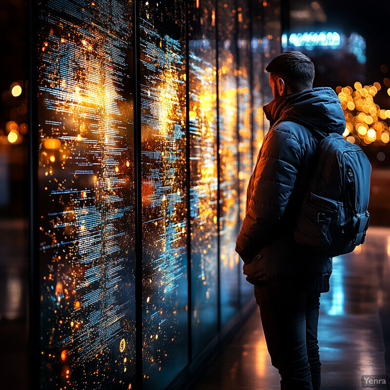 A man stands in front of a wall covered with screens displaying financial data, intently studying the information.