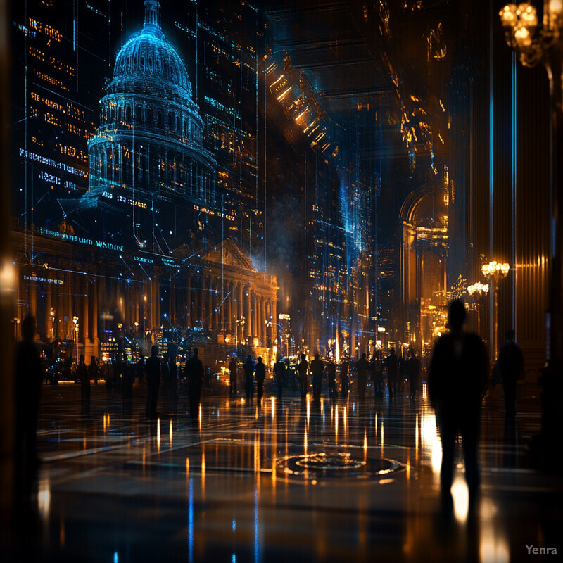 A futuristic cityscape with a large dome-shaped building in the background and people walking on the street.