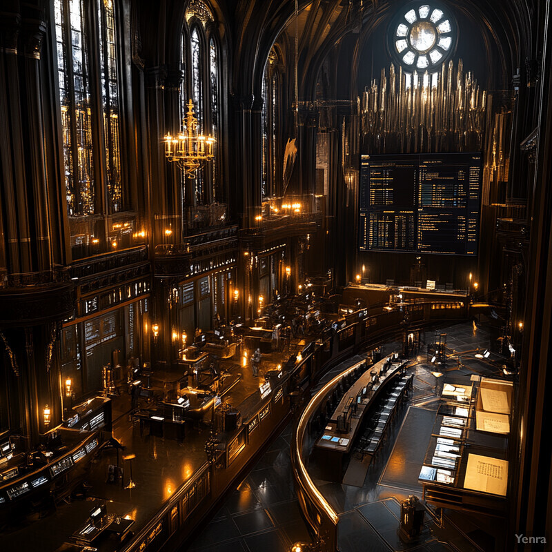 An elegant and refined room with dark wood paneling and gold accents, featuring a large chandelier, grand piano, bookshelf, and ornate mirror.