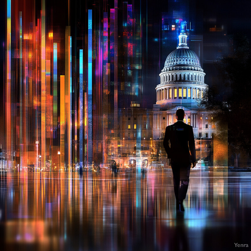 A man in a black suit walks towards the US Capitol building at night, set against a backdrop of illuminated skyscrapers and buildings.