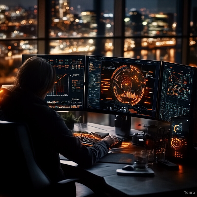 A person works on their computer in a dimly lit room.