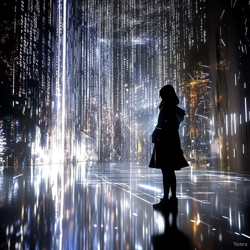 A woman stands in an art installation surrounded by vertical lines made up of tiny lights.