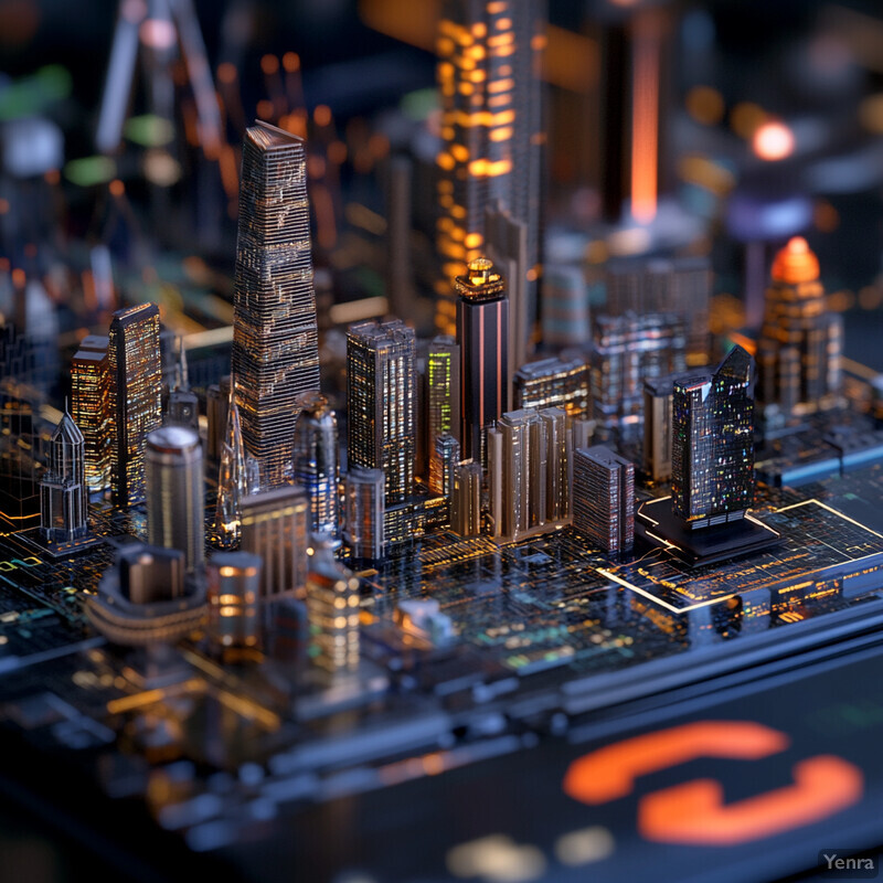 A futuristic cityscape where skyscrapers are embedded within a circuit board, showcasing urban development and technology integration.