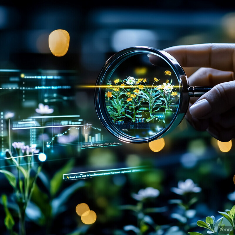 A person is examining a plant with yellow and white flowers using a magnifying glass.