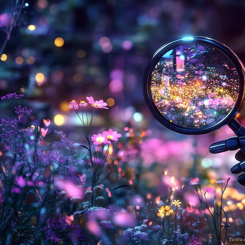 A peaceful garden scene at night, illuminated by numerous lights.