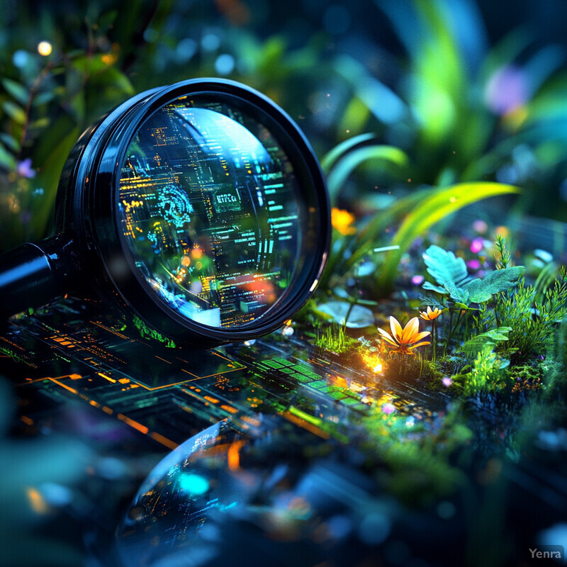 A magnifying glass hovers over a circuit board, surrounded by lush greenery and vibrant flowers.