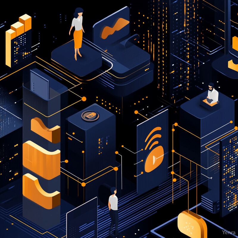 An abstract representation of interconnected systems and data flow, featuring geometric shapes and human figures.