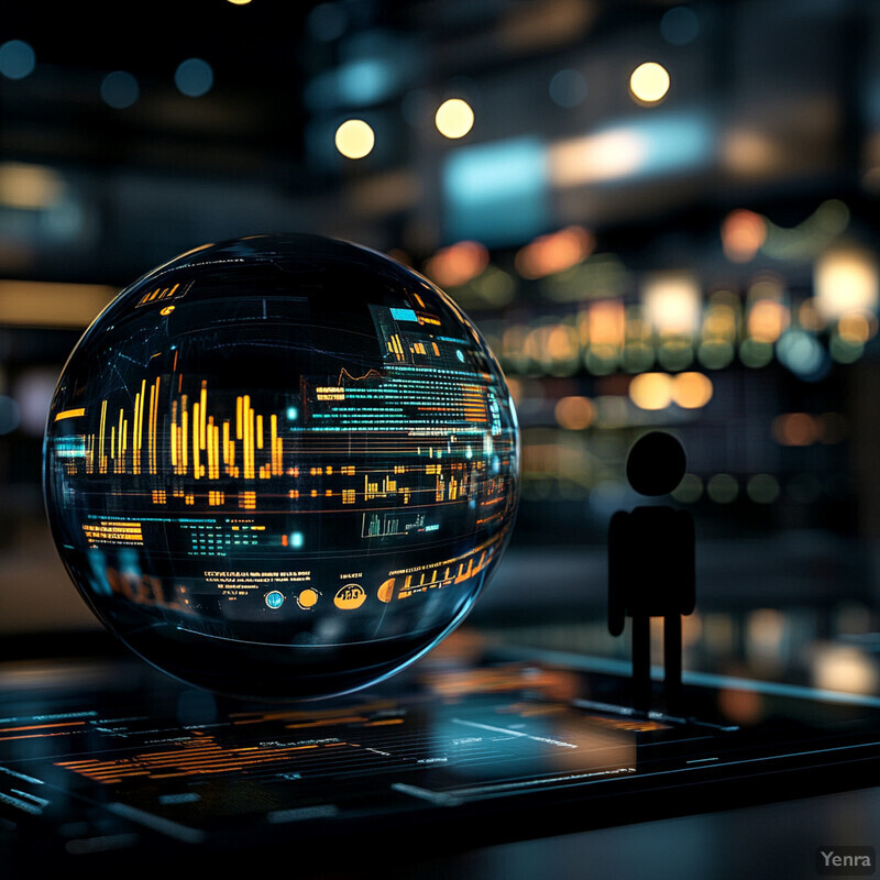 A futuristic glass sphere with data visualizations and a black silhouette of a person in an office or workspace setting.