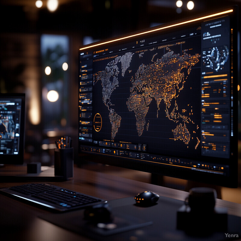 A computer monitor displays a world map with data points and statistics, suggesting real-time regulatory tracking.