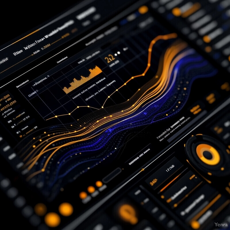 A complex system of interconnected lines, charts, and graphs on a dark background.