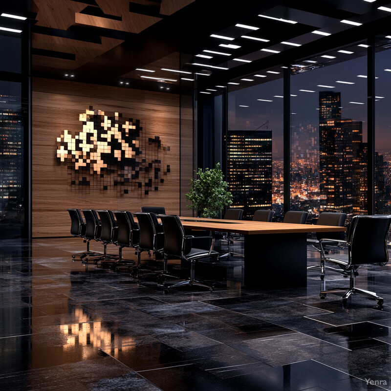 A conference room with a large wooden table and chairs, set against a cityscape at dusk.