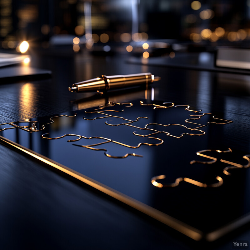 A luxurious desk with a gold pen and puzzle pieces on it, set against a blurred background.