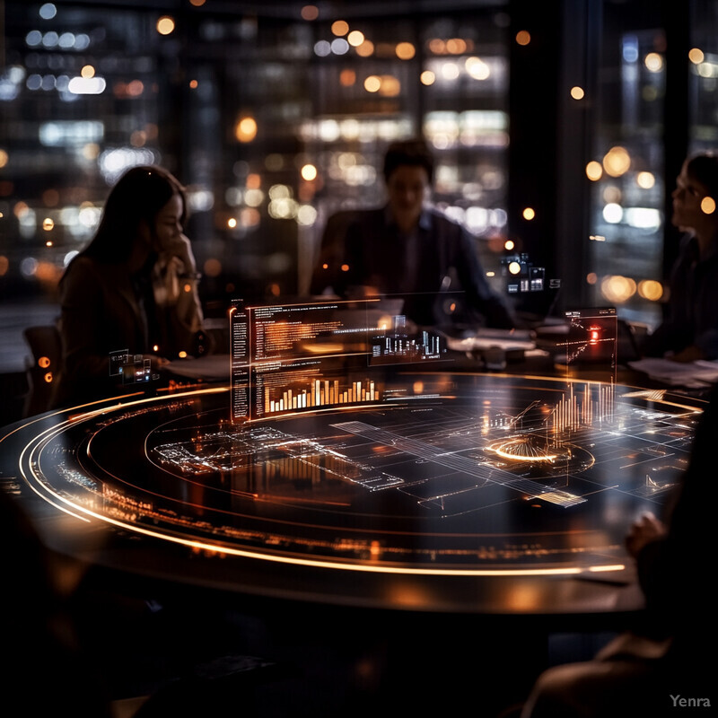 A futuristic-looking table with a holographic display projected onto it, surrounded by people engaged in discussion or collaboration.