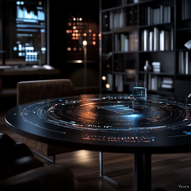 A futuristic and high-tech setting with a round table featuring a large screen displaying data visualizations.