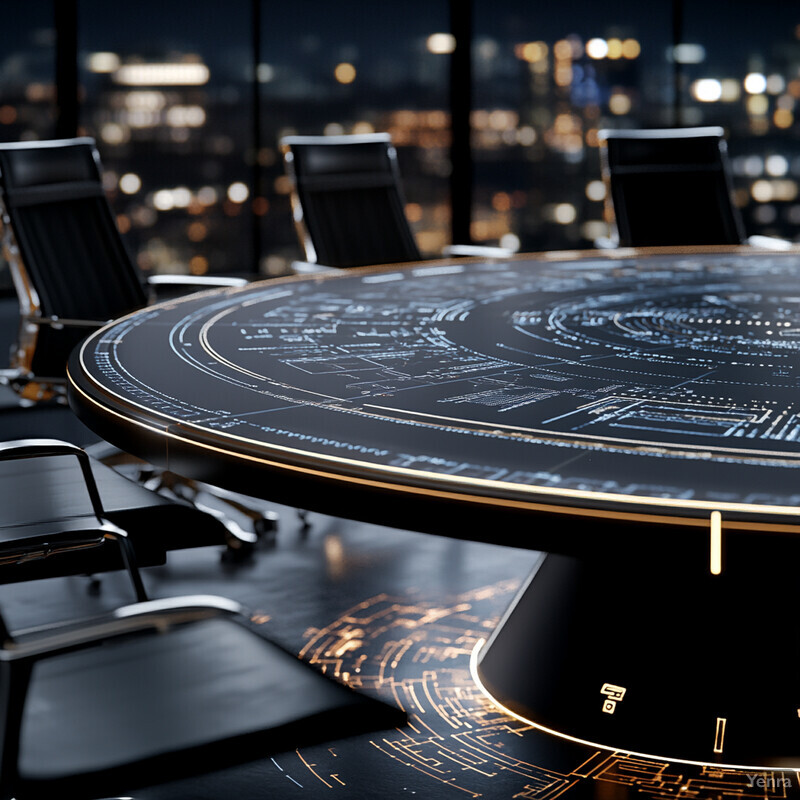 A conference room with a large round table and chairs, featuring various objects such as a laptop computer, tablet, and papers.