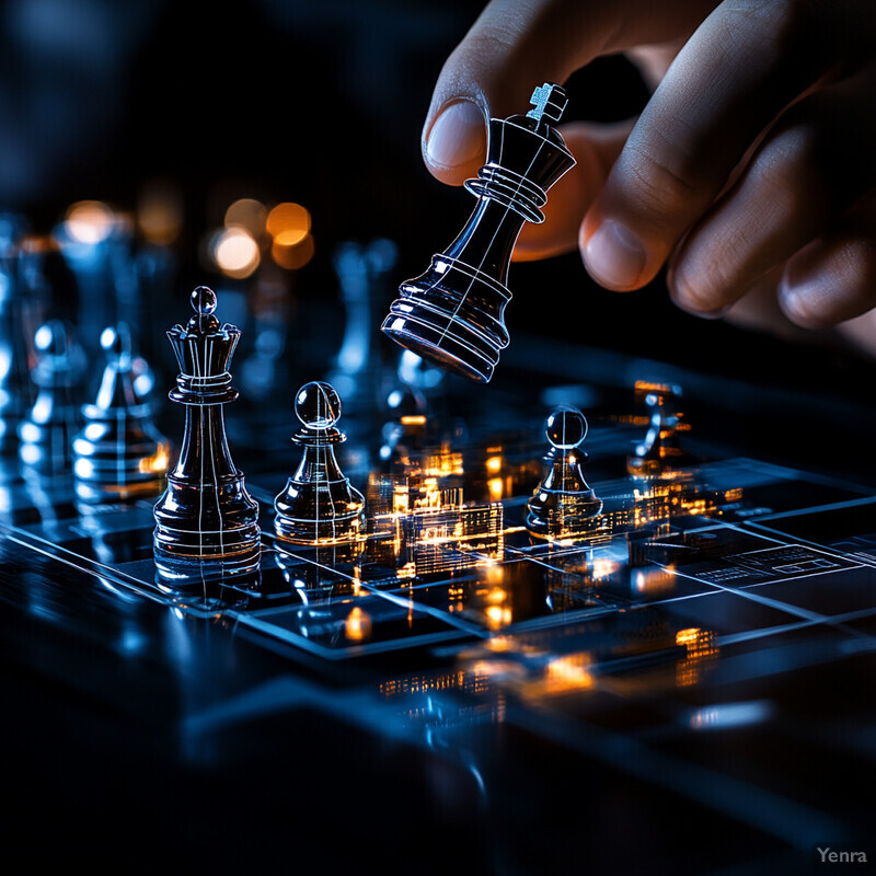 A standard chess setup with various pieces arranged on a dark background.