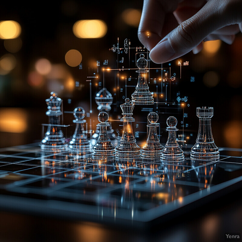 A chess game is being played on a futuristic chessboard surrounded by a high-tech interface.