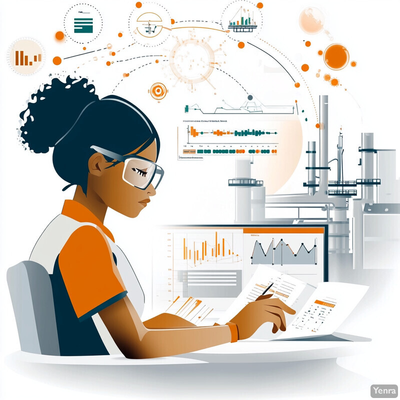 A woman sitting at a desk surrounded by data analysis tools and symbols.