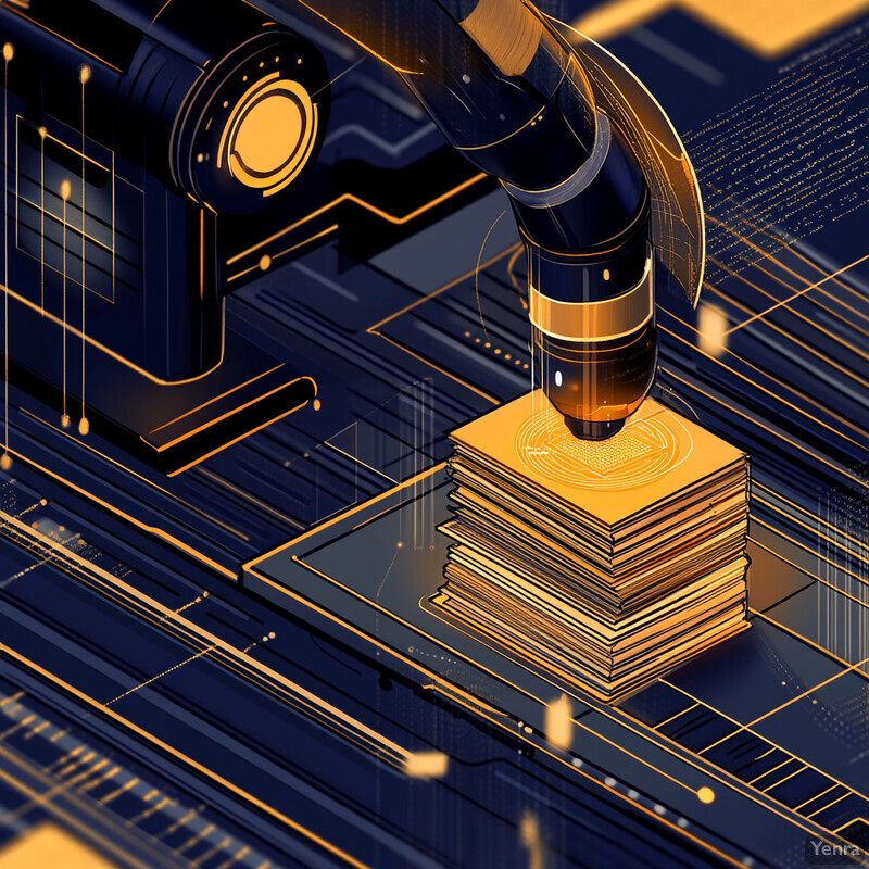 A robotic arm processes a stack of papers in an industrial or technological setting.