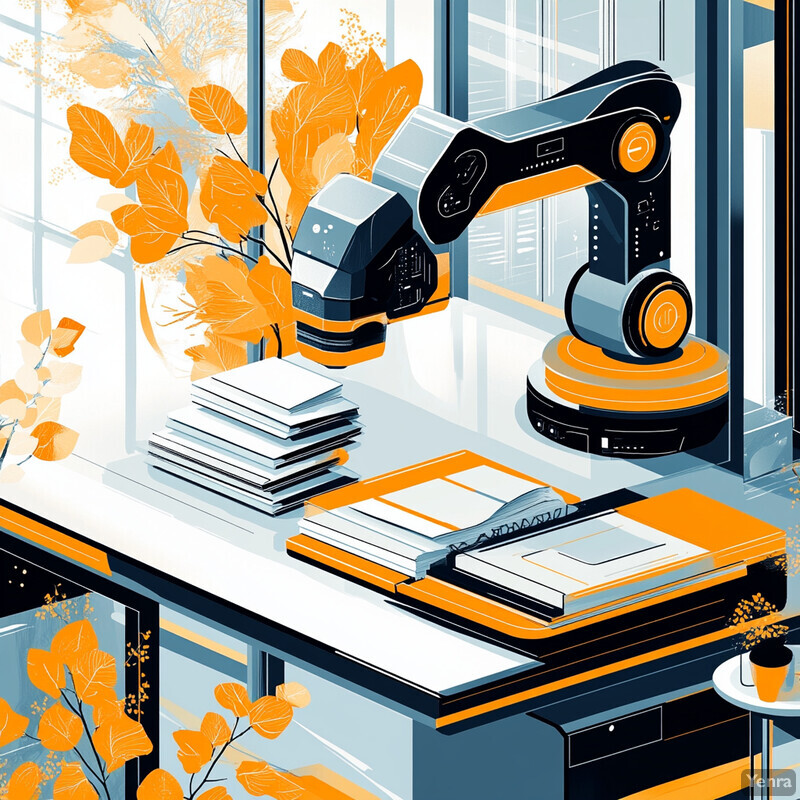 An industrial robot arm sorts and organizes documents in an office setting.