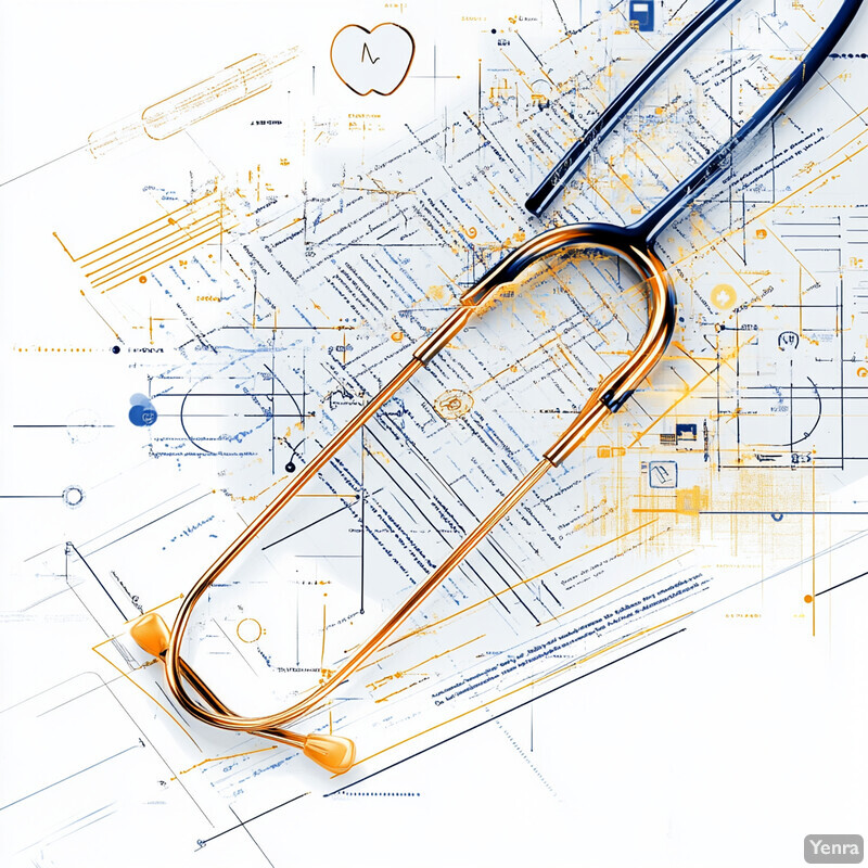 A stethoscope is placed on top of an engineering drawing or blueprint.