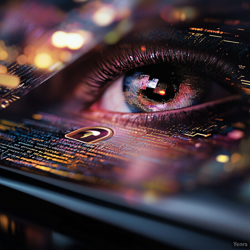 A close-up view of an eye looking towards the left side of the frame, with a blurred background that appears to be a computer screen or monitor.