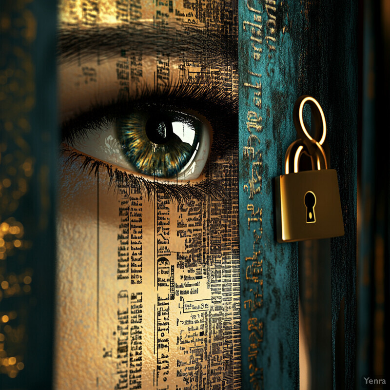 An eye peers through a gold-embossed metal door, conveying a sense of mystery and intrigue.