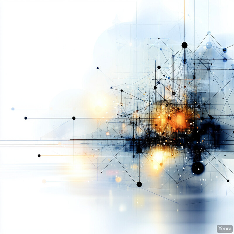 A futuristic image featuring a complex network of lines, dots, and geometric shapes in shades of white, orange, and blue.