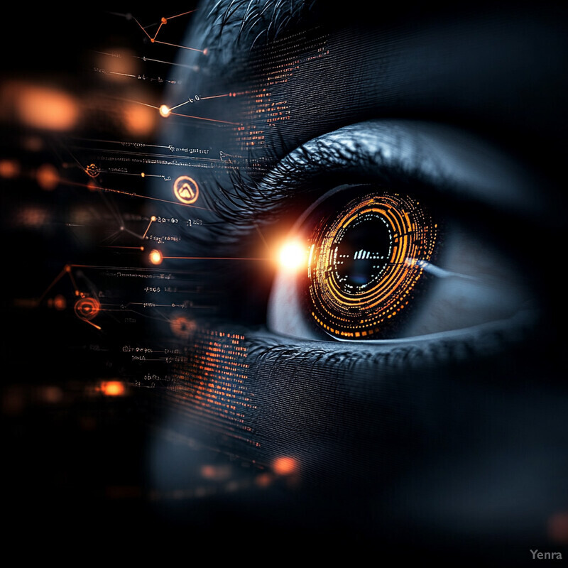 An eye with a futuristic interface overlay, suggesting fraud detection and compliance checks in cybersecurity.