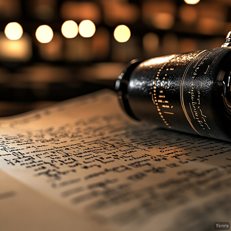 An open Torah scroll or other ancient religious text on a table in a dimly lit room with candles and lights illuminating it.