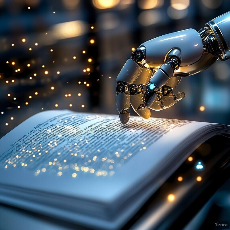 A robotic hand grasps an open book on a dark surface in a room.