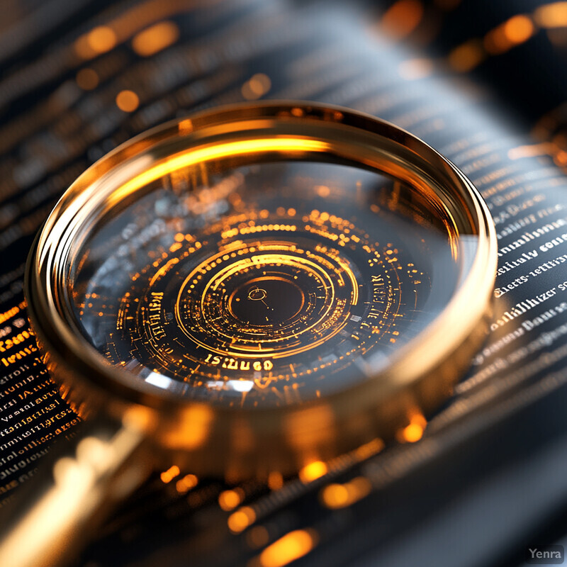 A person uses a magnifying glass to examine a book on a desk in a library or study room.