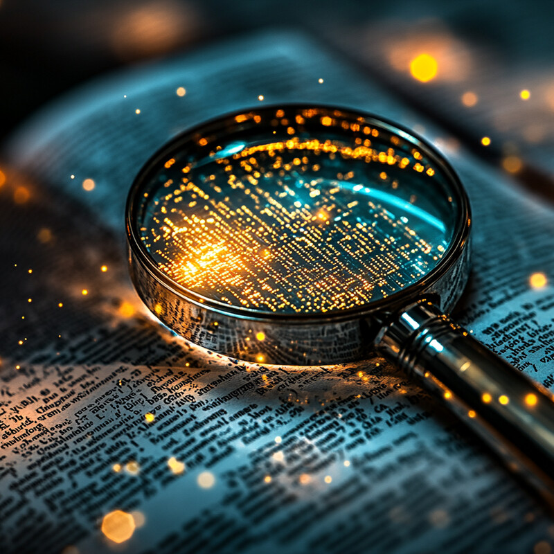 A magnifying glass is placed on top of an open book in a dimly lit room.