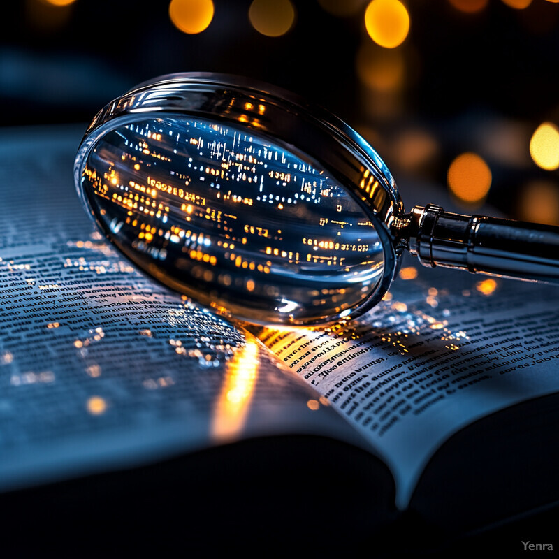 A magnifying glass sits on an open book in a quiet, studious environment.