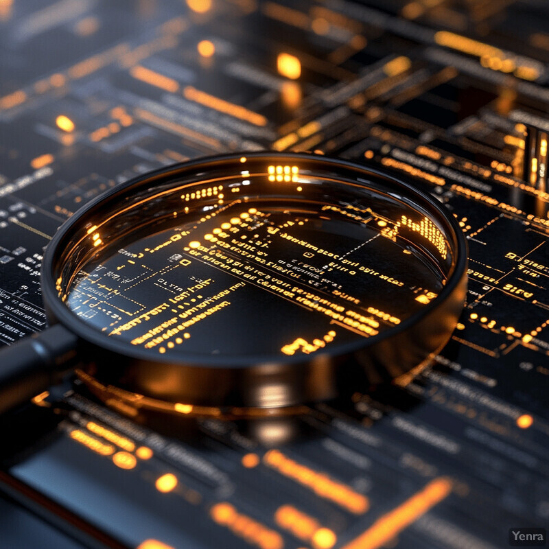 A magnifying glass is placed over a black circuit board with gold-colored circuits.