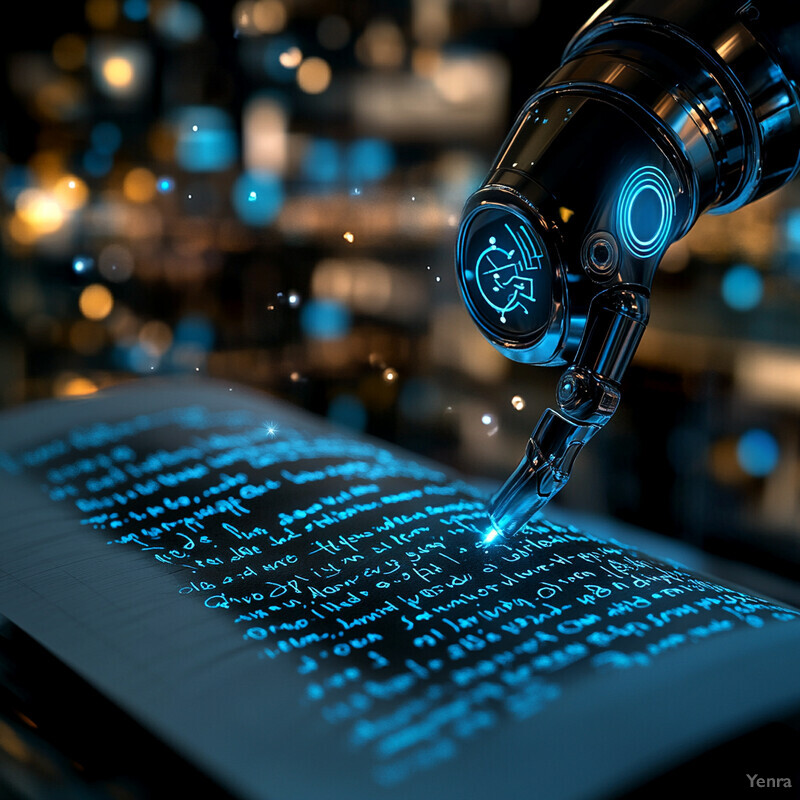 A robotic arm with a stylus is shown in an office or laboratory setting, likely used for optical character recognition and handwriting recognition tasks.