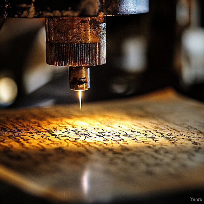 An engraving machine carves intricate patterns onto metal sheets.