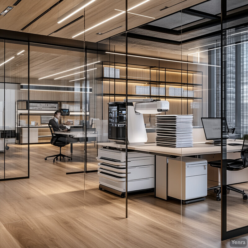 An office with two individuals working at desks surrounded by modern furniture and natural light.