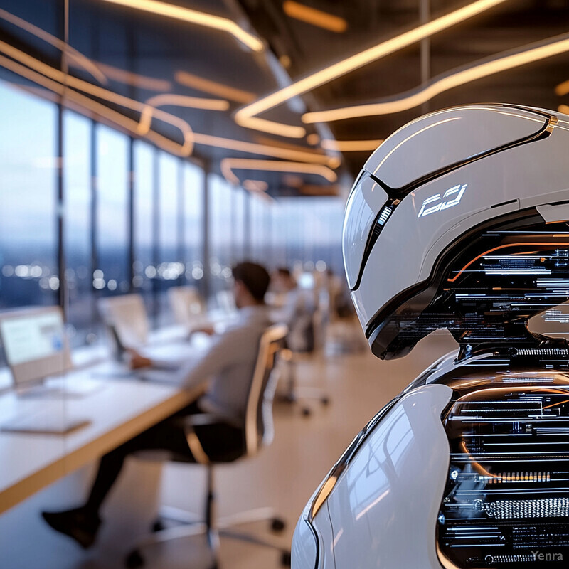 A robot is integrated into a futuristic office setting to enhance productivity and teamwork.