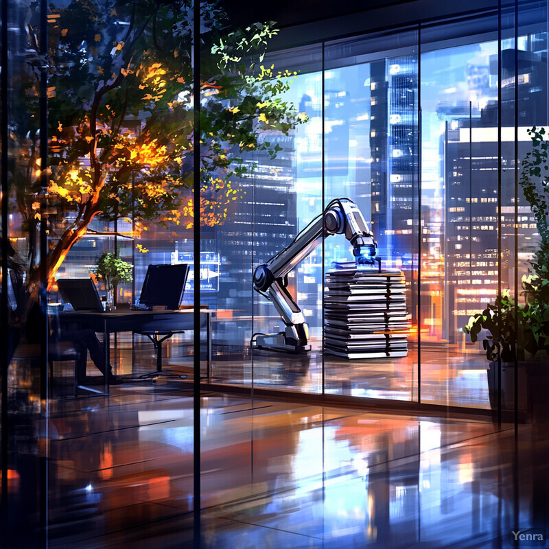 An office space in an urban area with a large window offering a cityscape view.