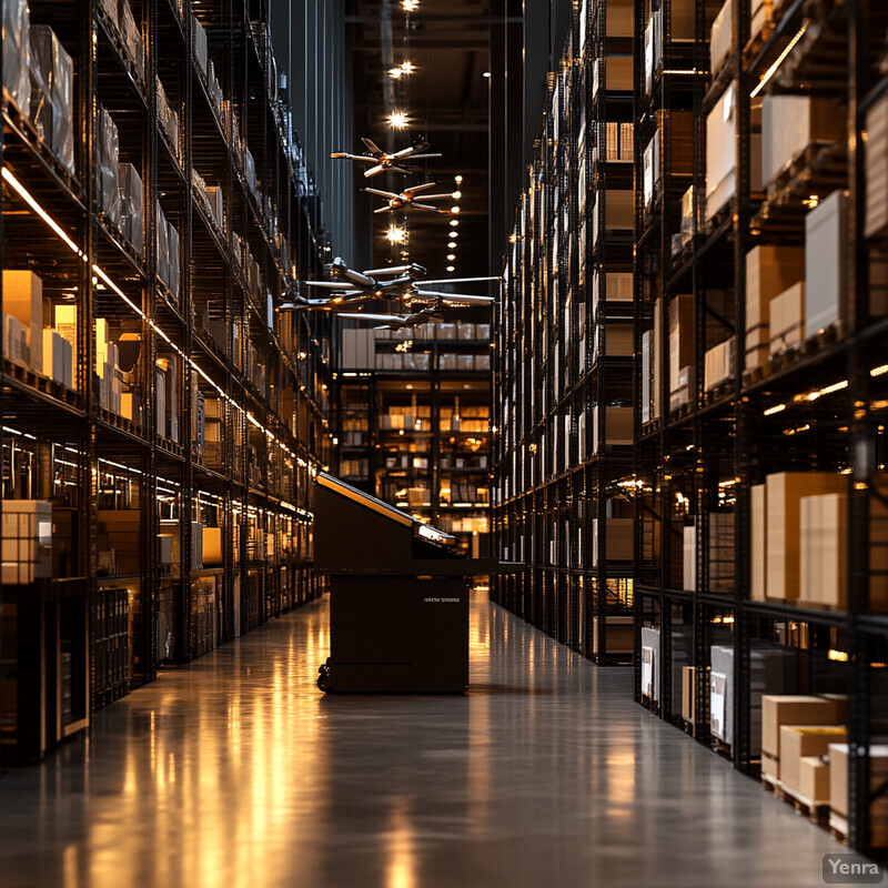 A warehouse with rows of shelves stacked high with boxes and packages.