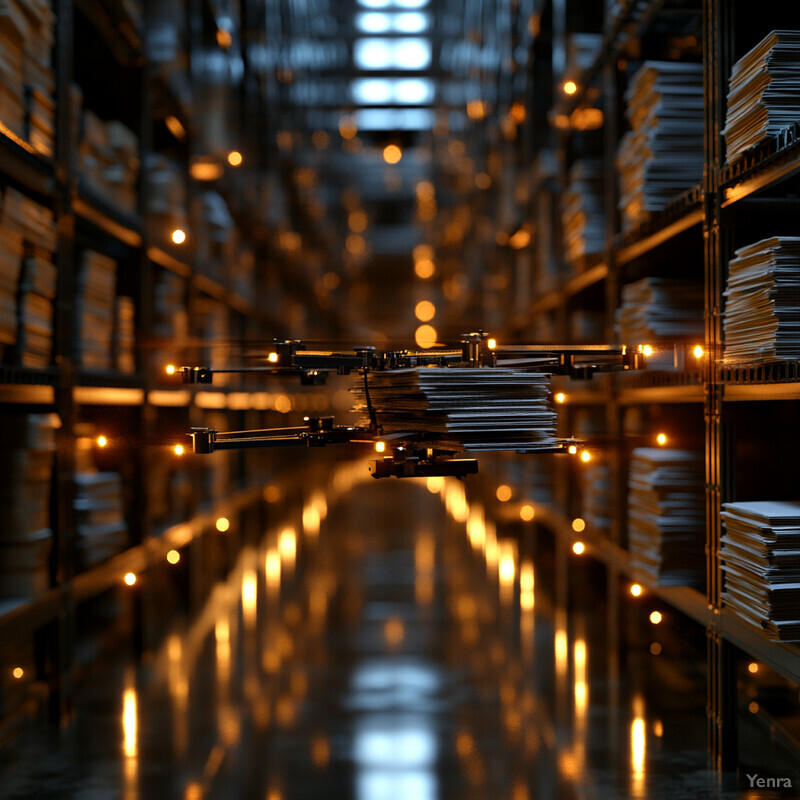 A warehouse or storage facility with rows of shelves stocked with boxes and packages.